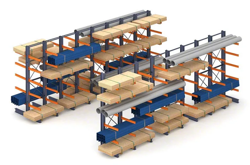 Illustration of cantilever rack runs of different lengths and heights holding lumber, pipe and steel profiles lengthwise along the arms