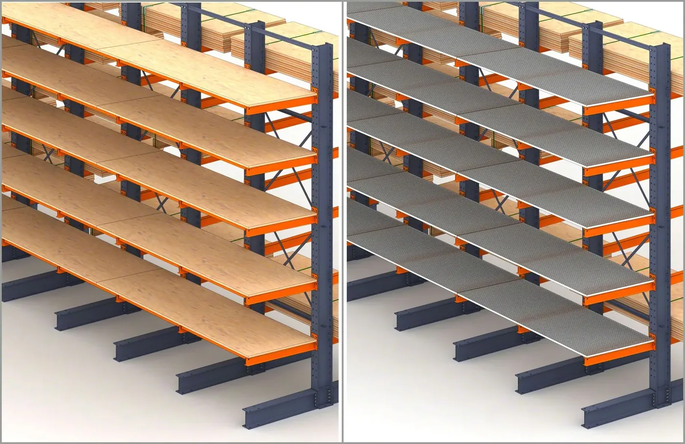 Cantilever rack arms fitted with continuous wood decking and steel decking