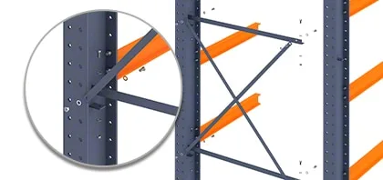Detail of cantilever rack bracing: diagonal X-brace and horizontal strut bolted between two columns