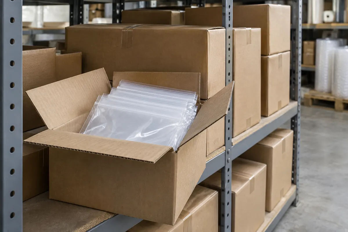 Plain brown cartons of packaging supplies on steel shelving, one open carton holding clear zipper poly bags