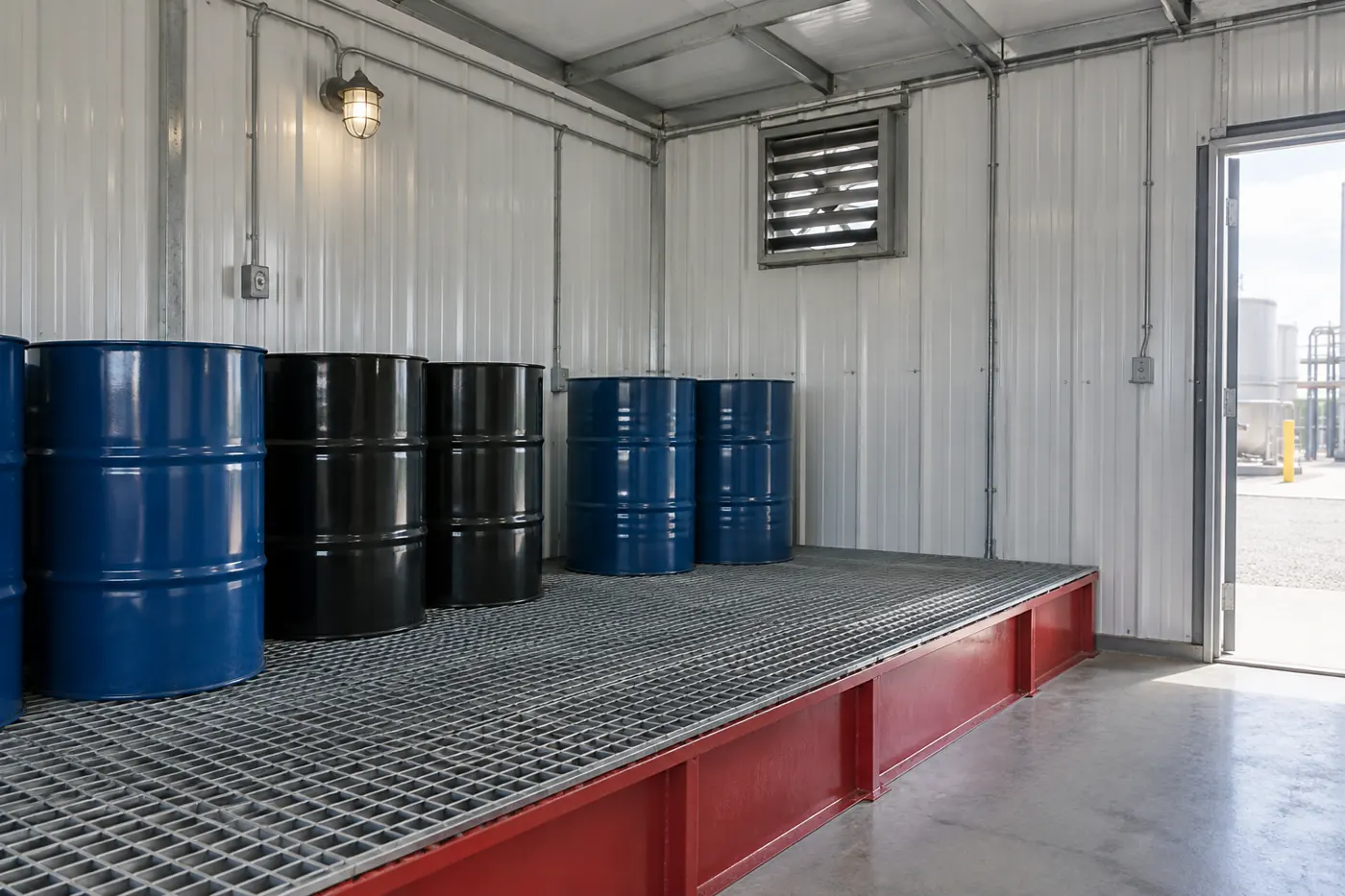 Steel and poly 55-gallon drums on a galvanized grating floor over a red spill containment sump inside a chemical storage building