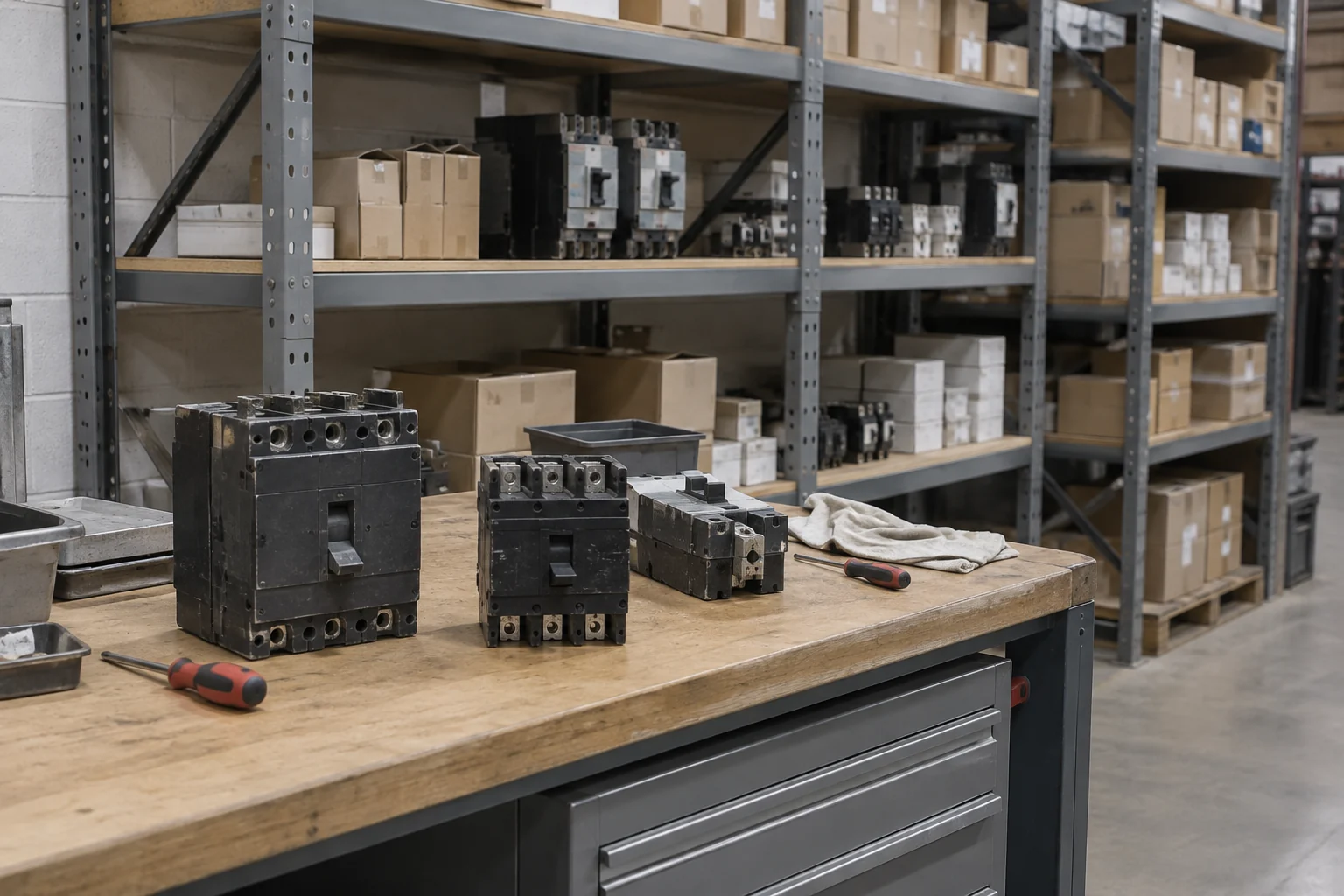 Used circuit breakers on a reconditioning workbench in front of boltless shelving stocked with boxed electrical parts