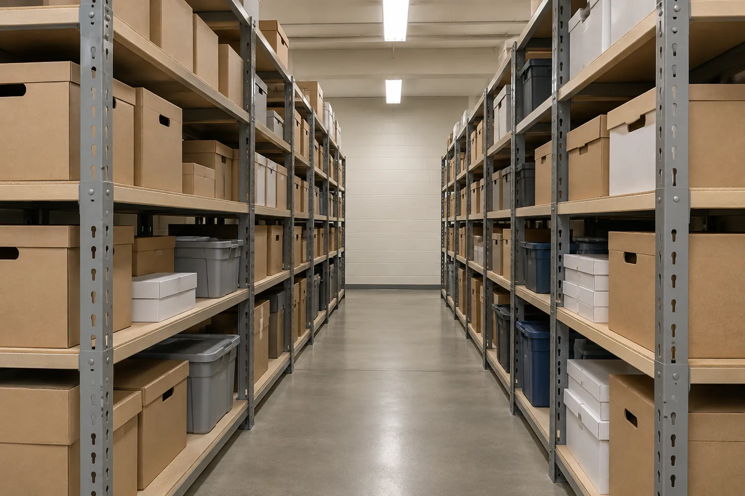 Rows of eight foot grey boltless shelving with particle board decks holding archive boxes and bins in a city government storage room
