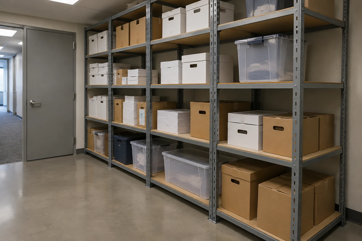 Run of boltless shelving with five particle board levels holding archive boxes, copy paper and bins in a city hall back office storage room