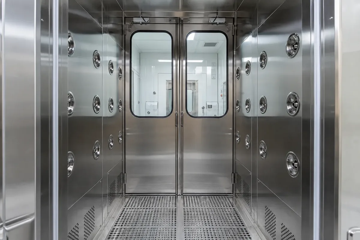 Stainless steel air shower vestibule with nozzle jets and interlocked doors at a cleanroom entrance