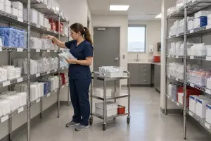Medical assistant restocking clear supply bins on chrome wire shelving in a Salt Lake City clinic supply room