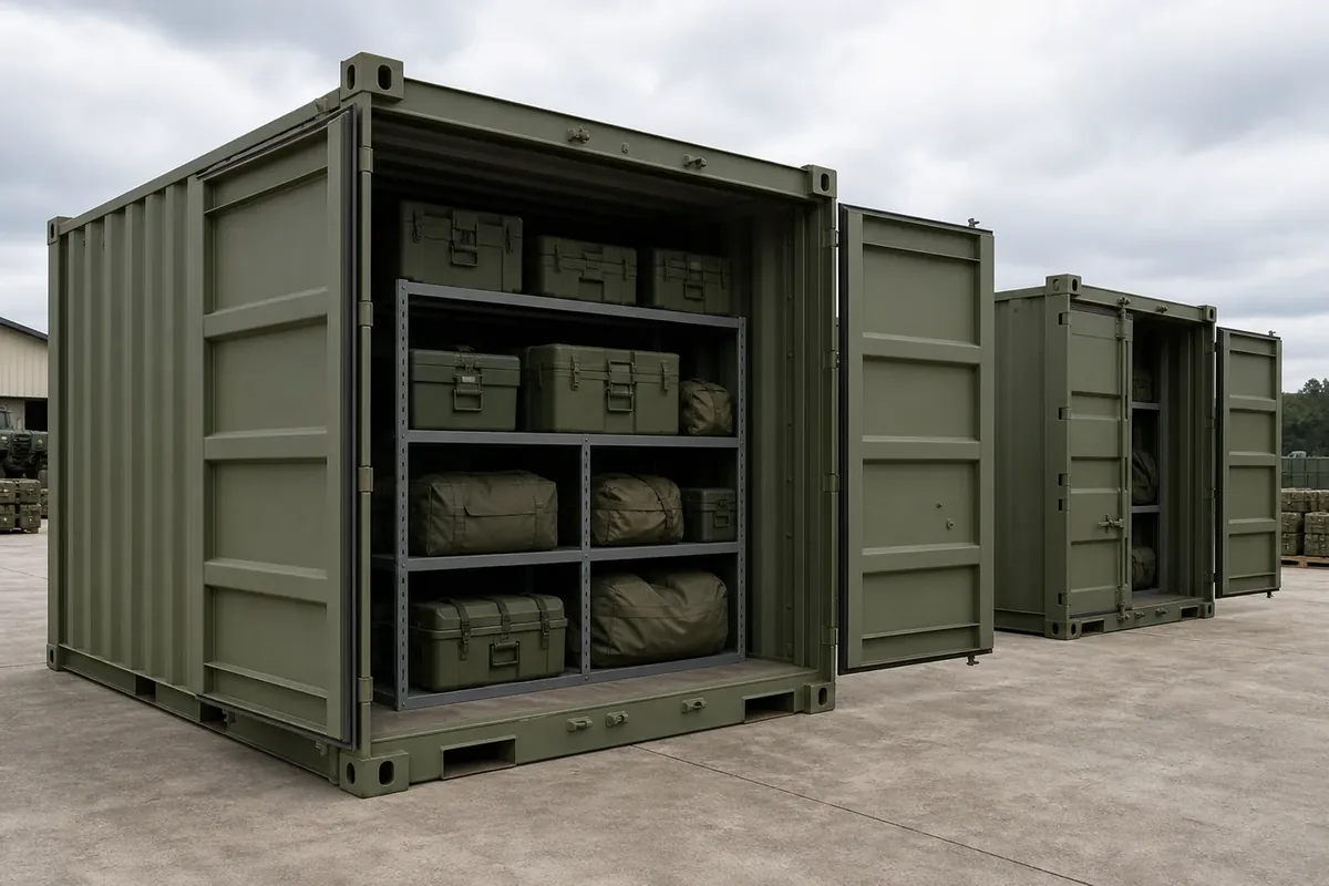 Green steel shipping containers on a concrete pad with shelving inside