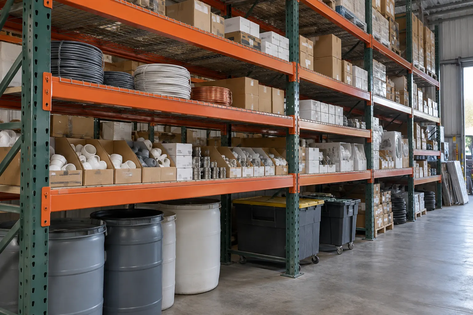 Contractor shop bulk rack with wire decks above, a board deck at waist height and drums on the open floor level