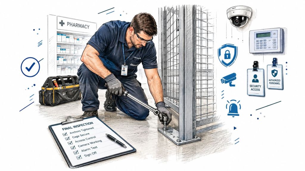 A technician secures a controlled substance storage cage in a pharmacy during a final security inspection.