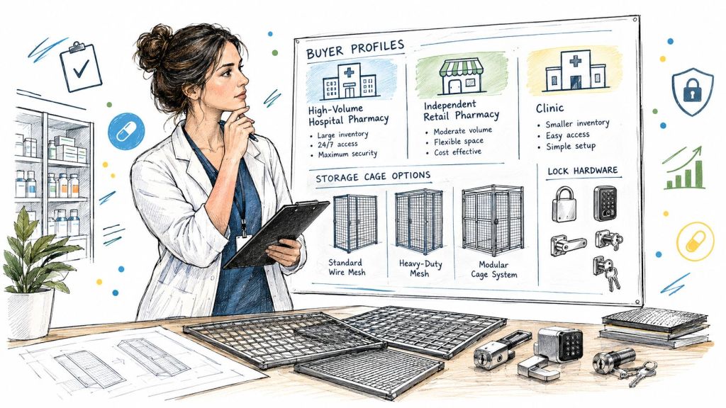 A pharmacist reviewing storage solutions for controlled substances with diagrams of pharmacy cages and locking mechanisms.