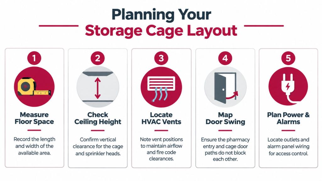 A five-step planning guide for designing a secure and compliant storage cage layout for pharmacies.