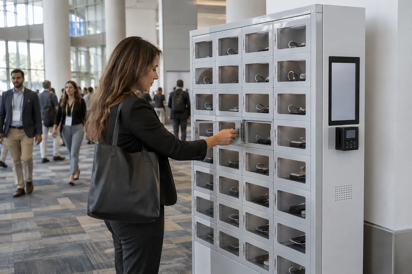 Convention attendee locking a phone in a smart phone charging locker