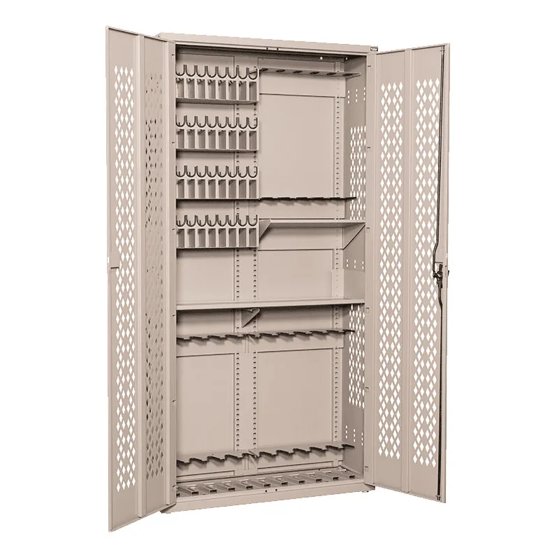 Datum double-hinged door weapon rack open with rifle saddles and shelves