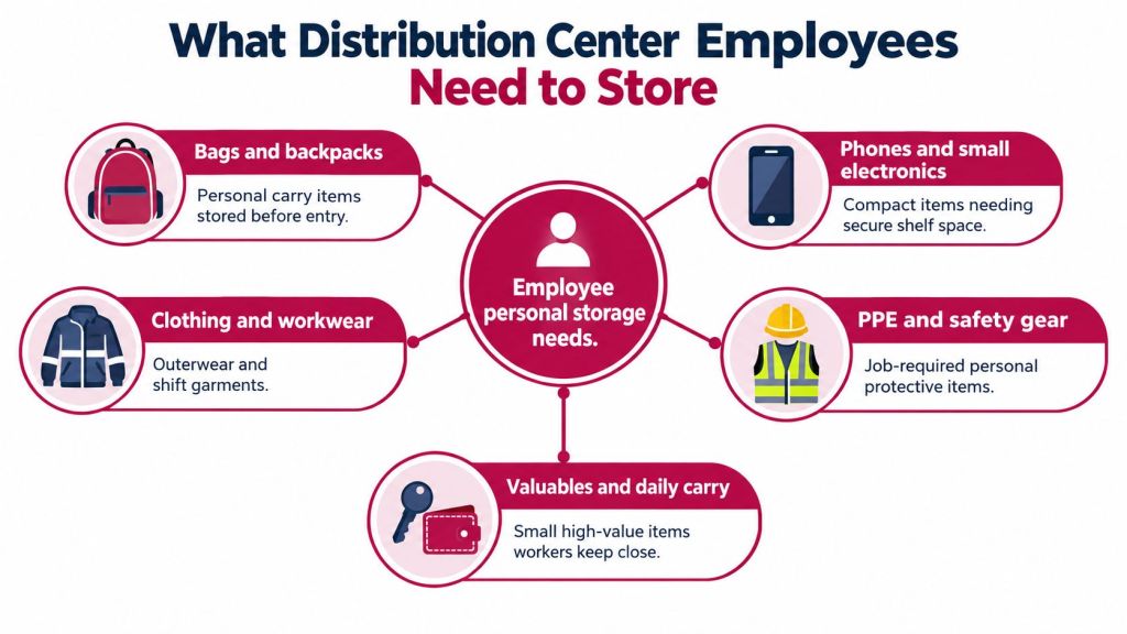 A diagram illustrating common personal items that distribution center employees need to store in lockers.