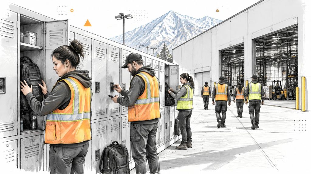 Warehouse employees in high-visibility vests accessing their personal lockers at a facility with scenic mountain views.