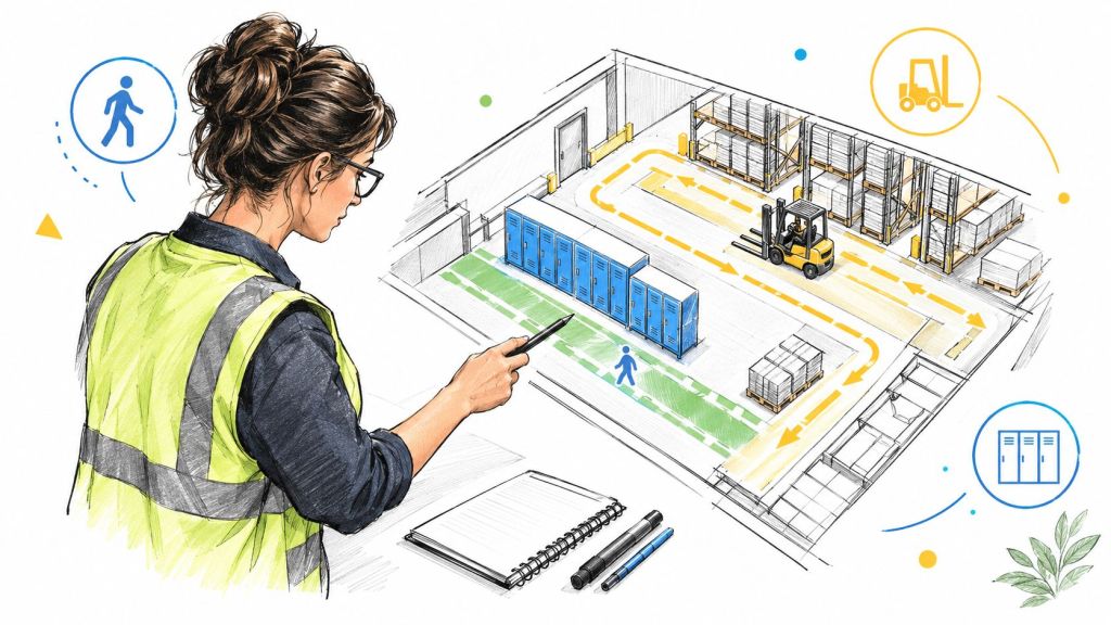 Warehouse manager reviewing a floor plan design featuring designated pedestrian paths, forklift routes, and employee storage lockers.
