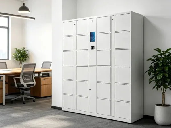 DC Locker electronic storage locker with touchscreen kiosk in a bright office