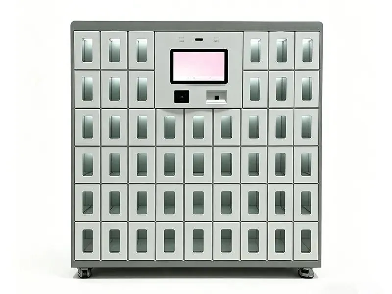 DC Locker smart charging locker front view with 42 glass-front charging compartments and a touchscreen