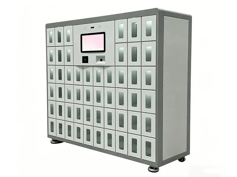 DC Locker smart charging locker angled view showing compartment doors, kiosk screen and card reader