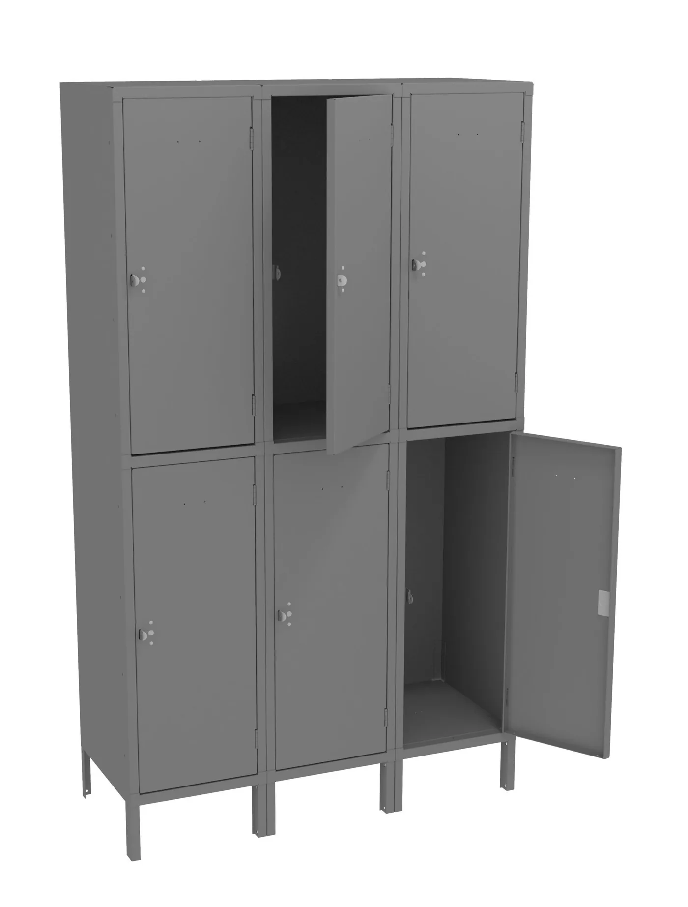Tennsco three-wide heavy-duty welded double-tier steel locker in medium grey on legs with a lower door open