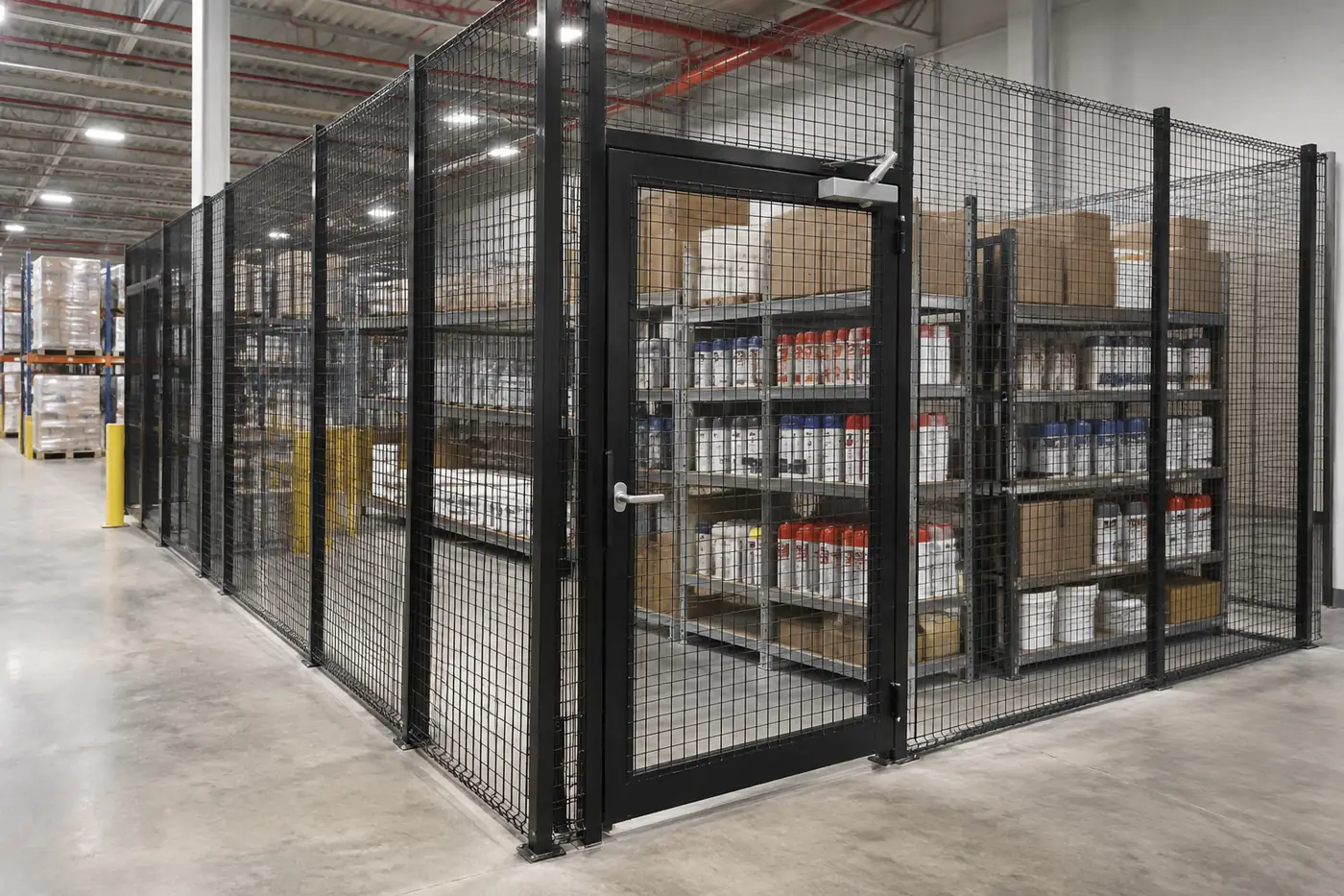 Black wire mesh enclosure with a self-closing door around shelving of aerosol cans and cartons in a distribution warehouse