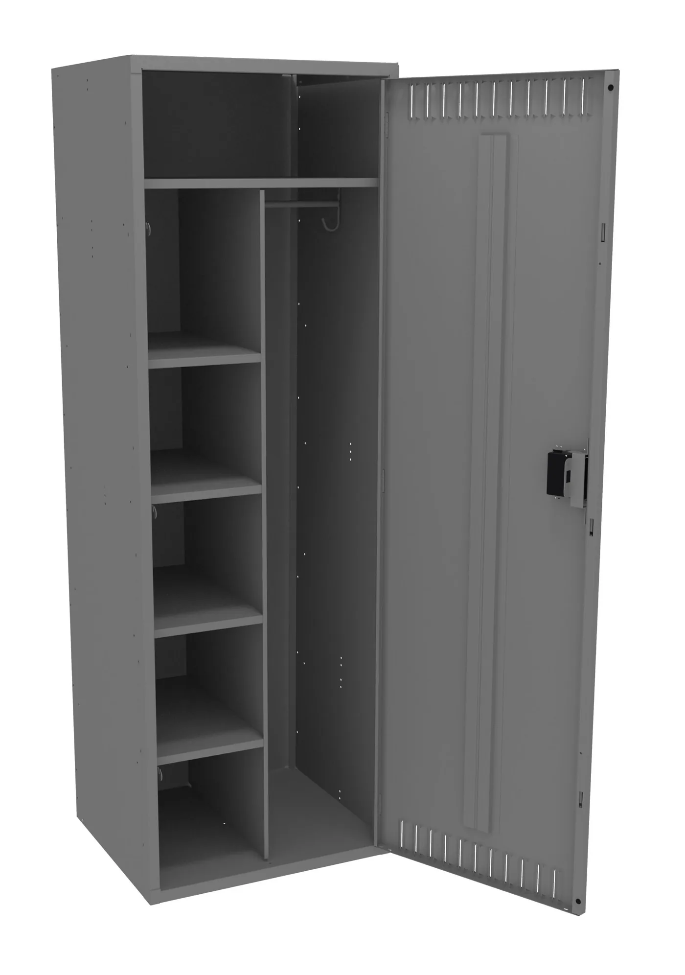 Tennsco 24 inch combination locker in medium grey with door open showing shelves and hanging space