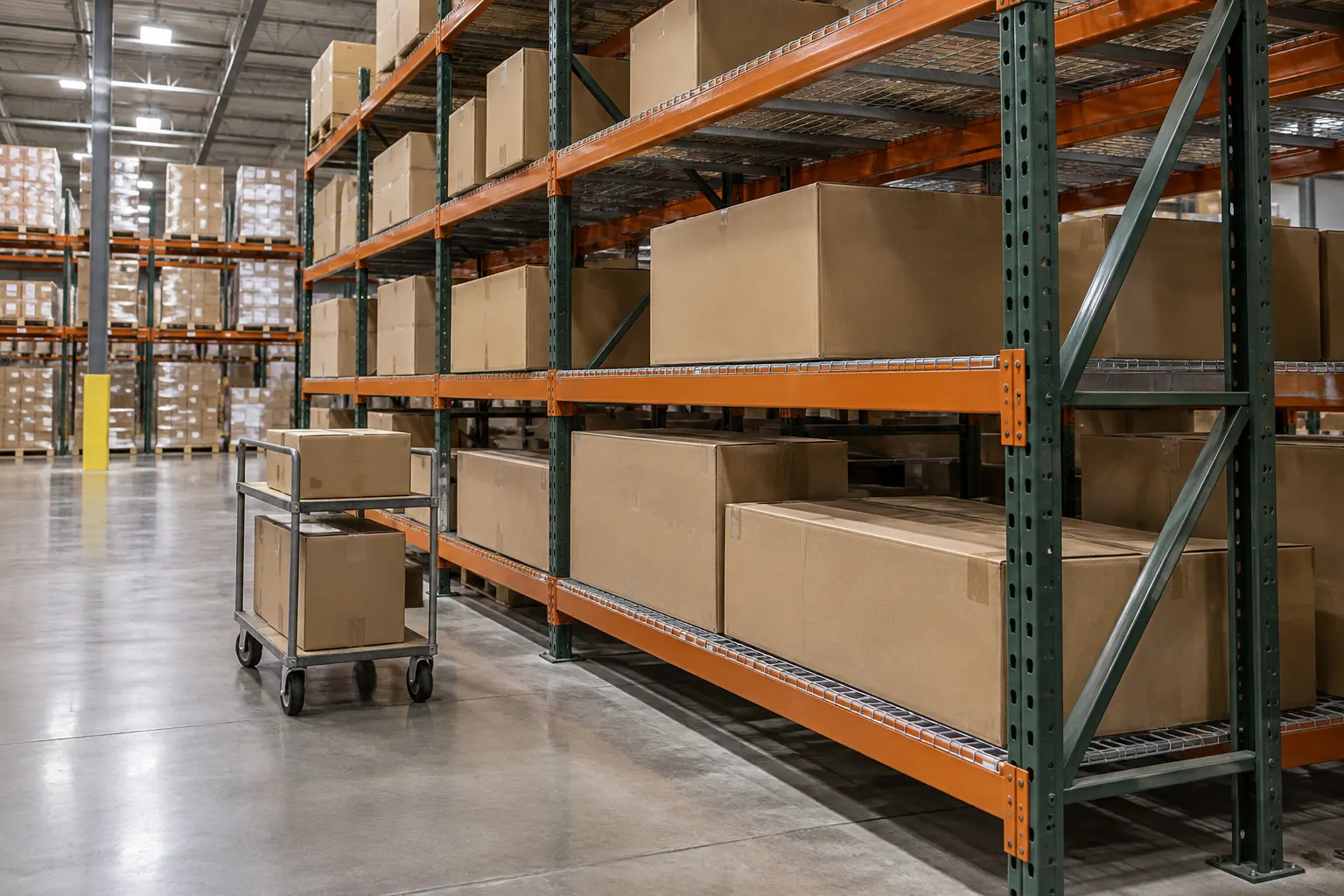 Bulk rack shelving with wire decks holding oversize cartons next to a picking cart in a fulfillment warehouse