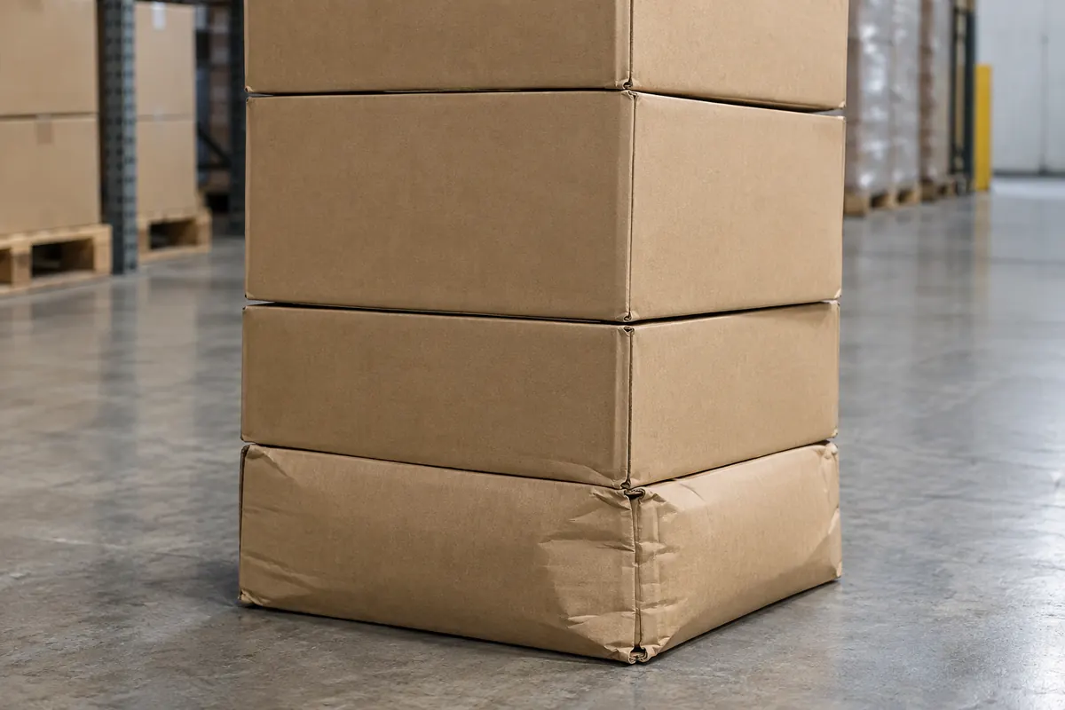 Column of four brown corrugated boxes with the bottom box bulging and crushed under the weight of the stack