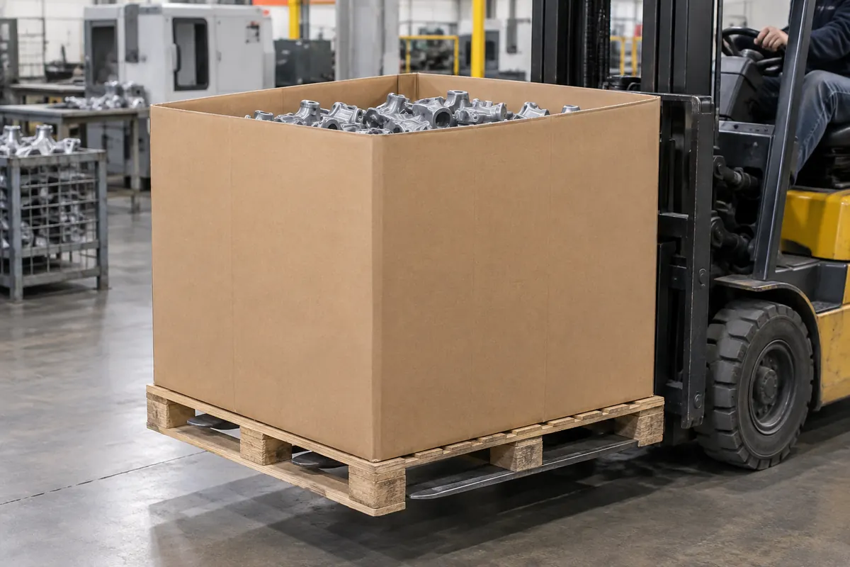 Double-wall corrugated gaylord bulk box full of metal parts on a pallet carried by a forklift