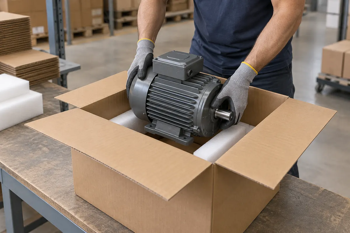 Worker in gloves lowering a heavy electric motor into a double-wall corrugated box lined with foam