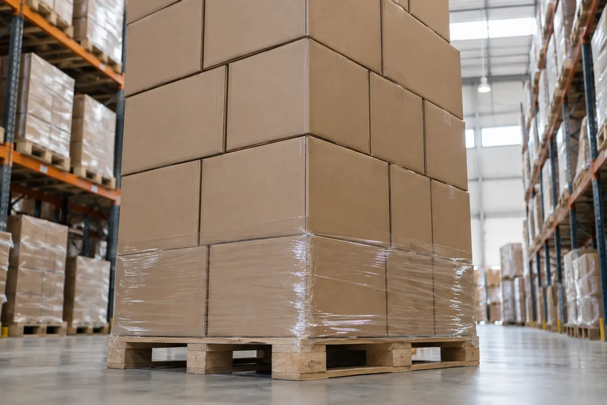 Pallet stacked with plain brown heavy-duty corrugated shipping boxes in a warehouse shipping area