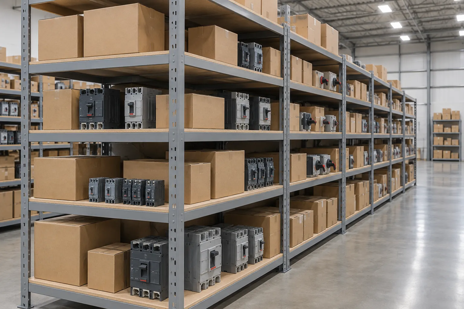 Rows of grey boltless rivet shelving with particle board levels holding boxed and loose circuit breakers in an electrical supply warehouse