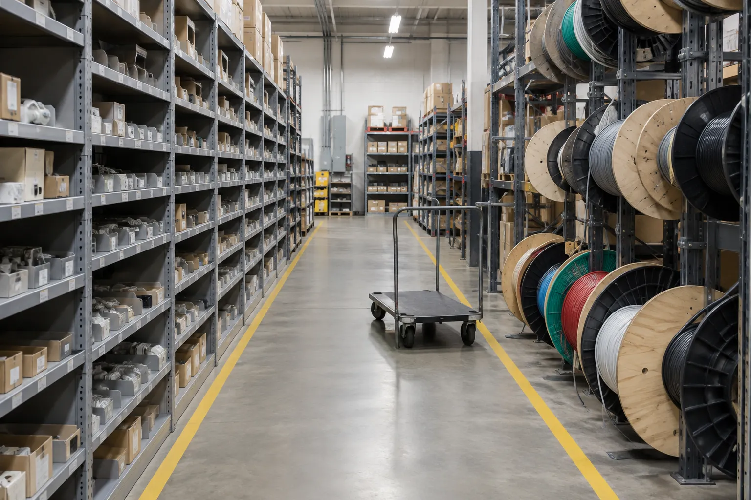 Electrical distributor stockroom with a run of divided bin shelving on one side of a striped aisle and a wire reel rack on the other