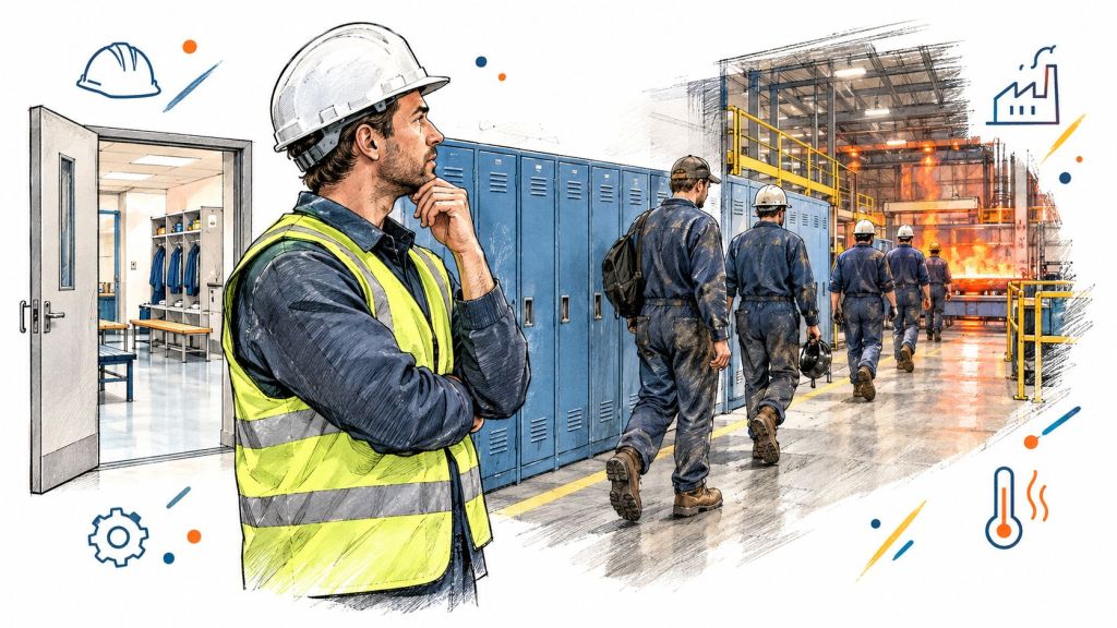 A safety manager observes factory workers heading towards the industrial floor near blue employee metal locker rooms.