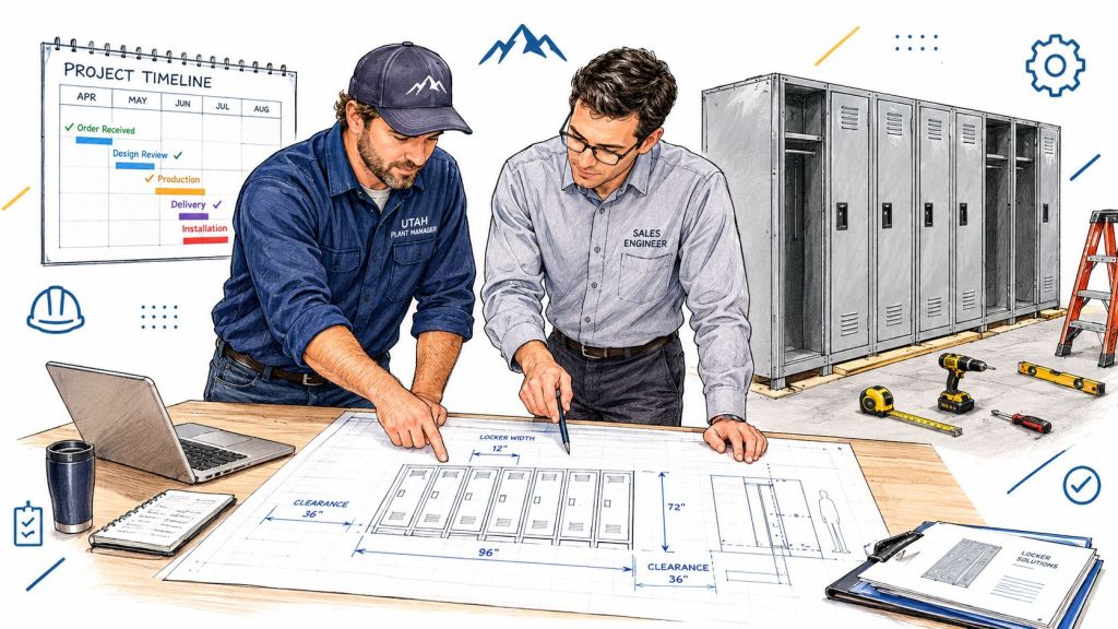 A plant manager and sales engineer reviewing architectural blueprints for custom metal employee locker installations.