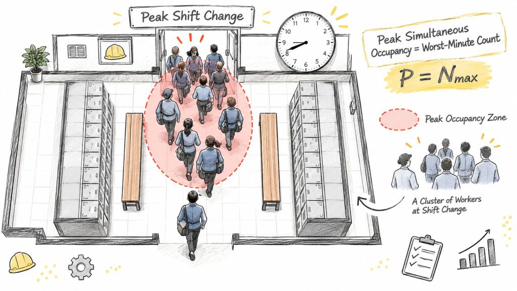 A diagram illustrating peak simultaneous occupancy in a factory locker room during a shift change.