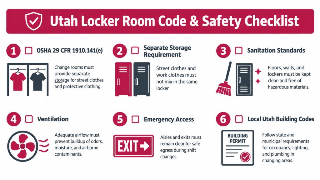A safety checklist infographic for locker room compliance in Utah manufacturing facilities and workspaces.