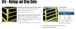 Equipto catalog page: Railings and Drop Gates, 42 in high mezzanine drop gate 78138G (88 in wide, two 44 in frames) with railing and kick plate options