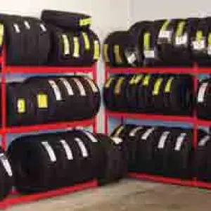 Equipto V-Grip tire rack loaded with tires