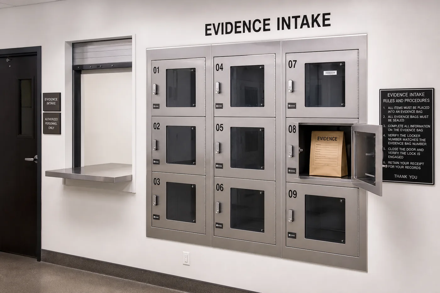 Evidence intake wall with numbered pass-through lockers and a property release window
