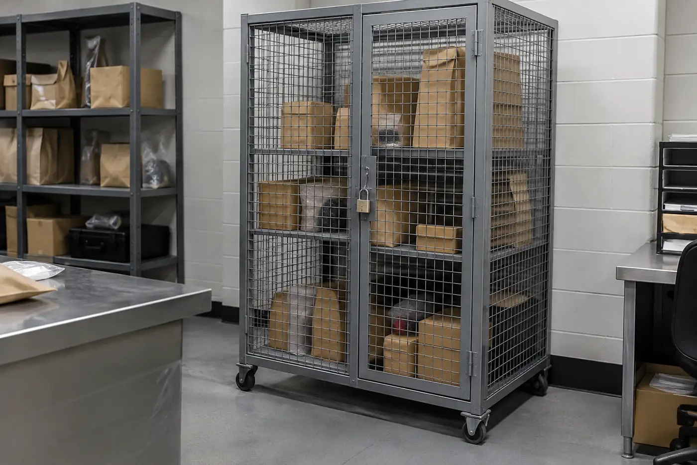 Gray wire mesh rolling security cage with a padlocked door holding sealed evidence bags and boxes in a police property room
