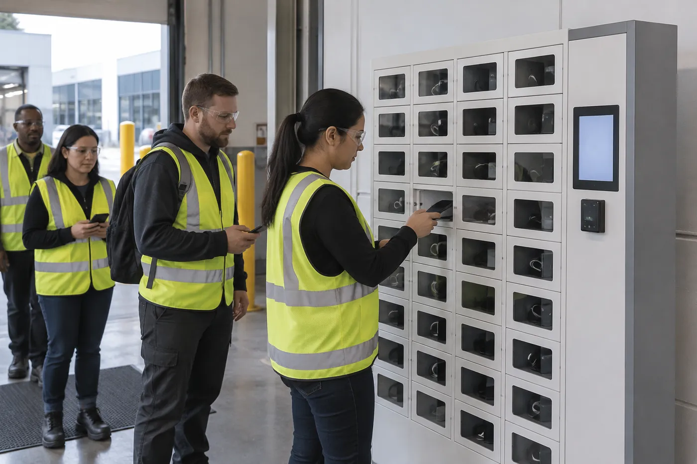 Workers in hi-vis vests storing personal phones in smart charging lockers at a factory entrance