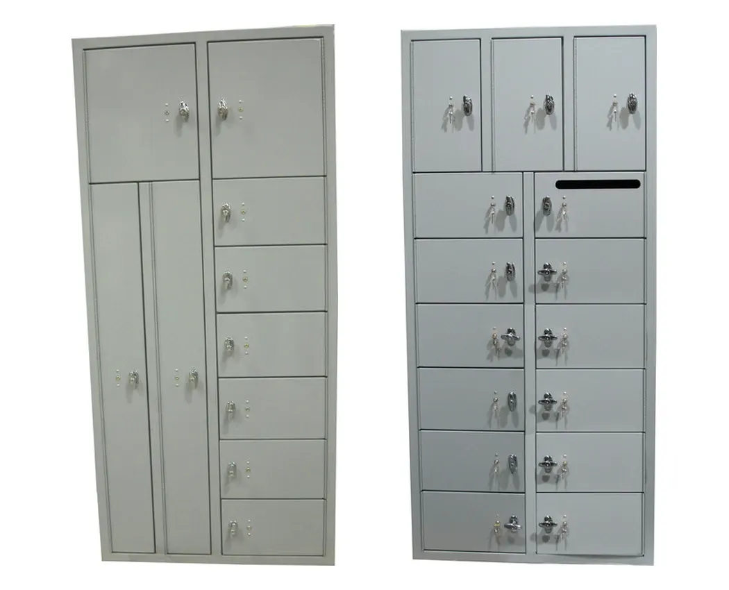 Fasco ELN-772 non-pass-through evidence lockers in 10-compartment and 15-compartment configurations, light gray steel with key locks