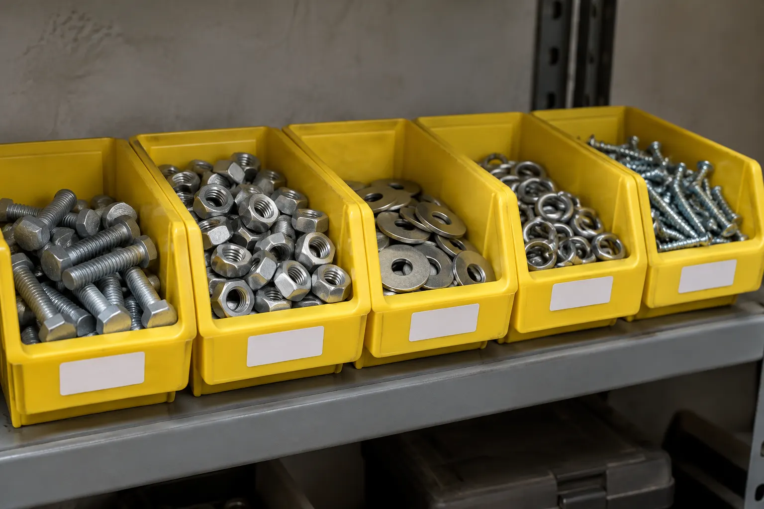 Yellow shelf bins of hex bolts, nuts, washers, lock washers and screws sorted one type per bin