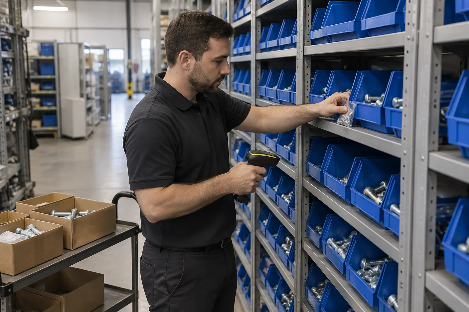 Fastener service technician scanning and restocking blue bins on steel shelving in a plant stockroom