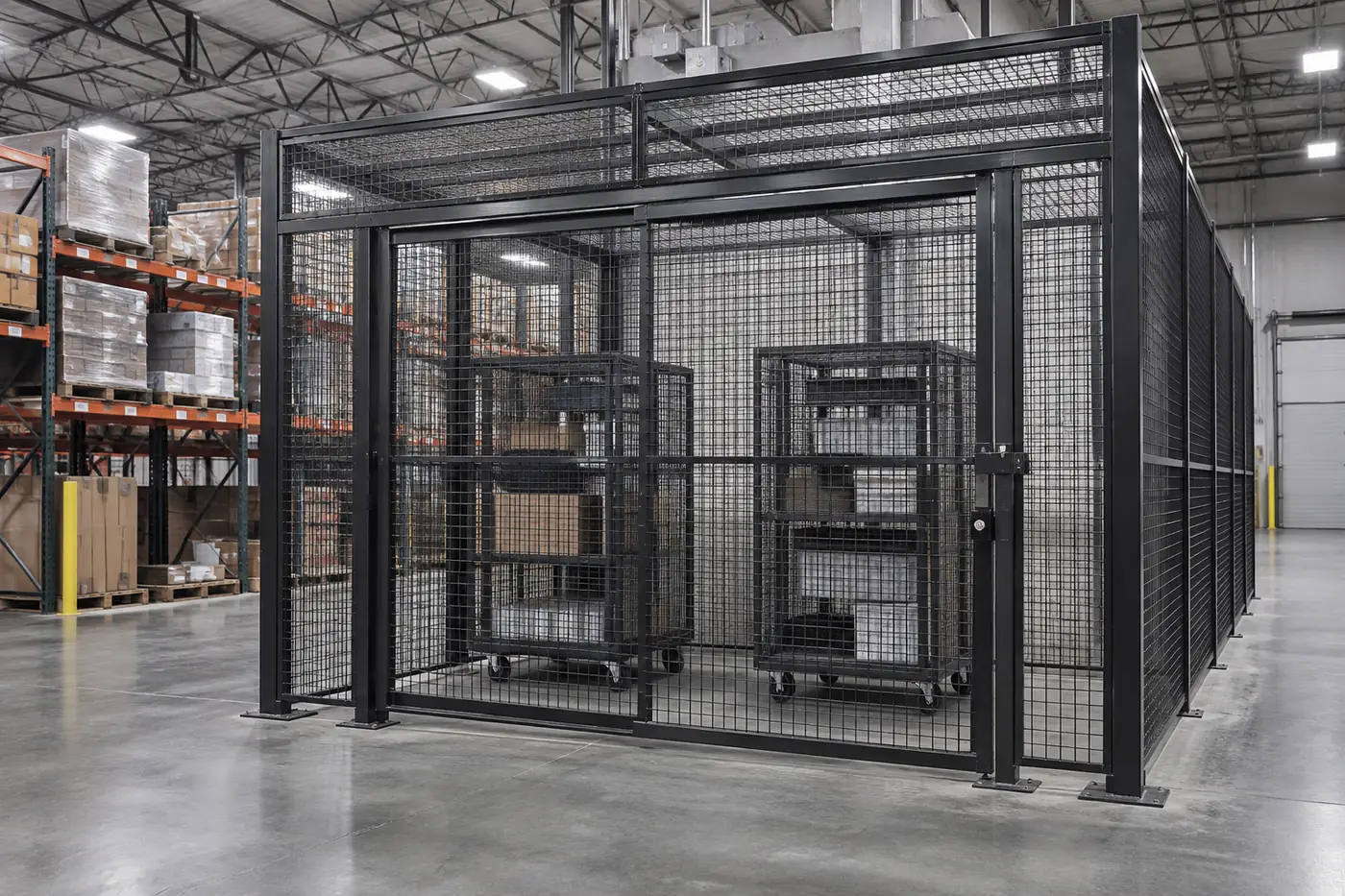 Floor-anchored black wire mesh security cage with a sliding door and two rolling wire security carts parked inside, pallet racking outside