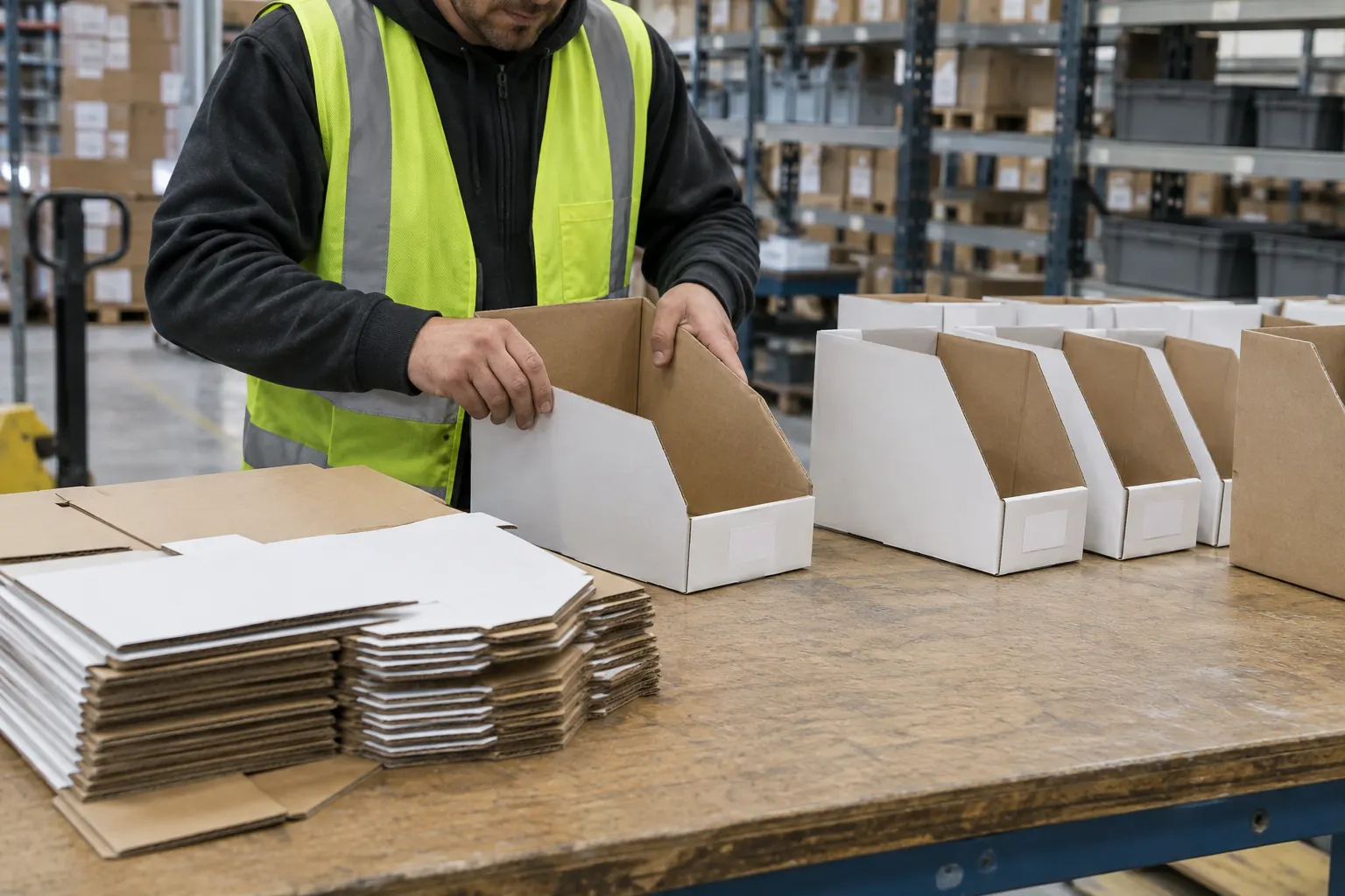 Warehouse worker folding a flat corrugated blank into an open-top bin box at a receiving bench beside finished white bins