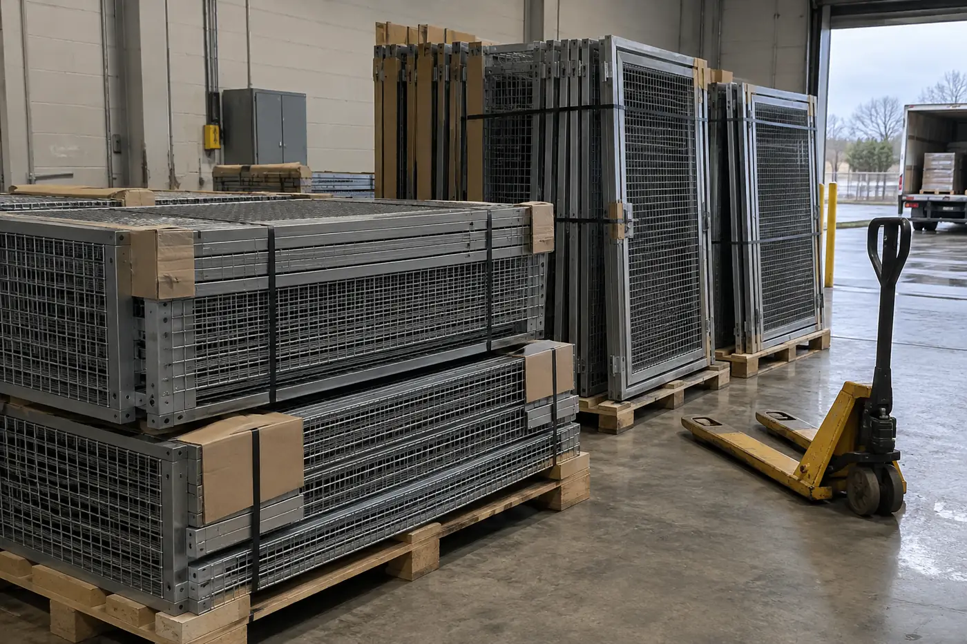 Flat-packed gray wire mesh cage panels and door frames strapped on pallets in a building loading=