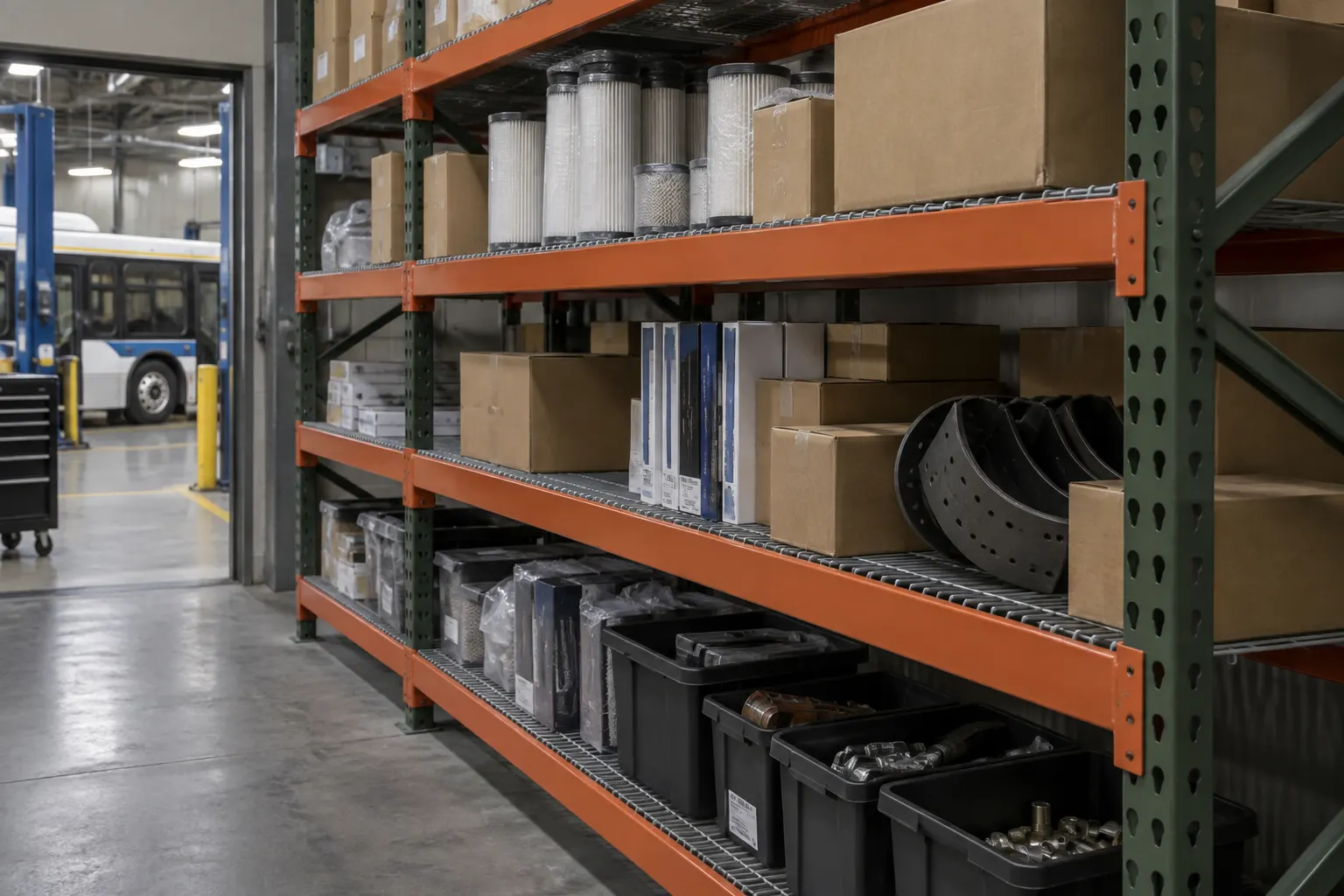 Bulk rack shelving with wire decks holding boxed filters, brake parts and totes of fittings in a fleet parts room