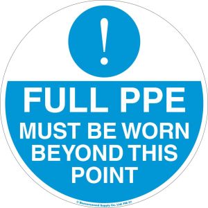 The MH-USA Floor Graphic Marker is a blue and white circular sign with a 16.93 in. diameter, featuring an exclamation mark, stating: Full PPE must be worn beyond this point.